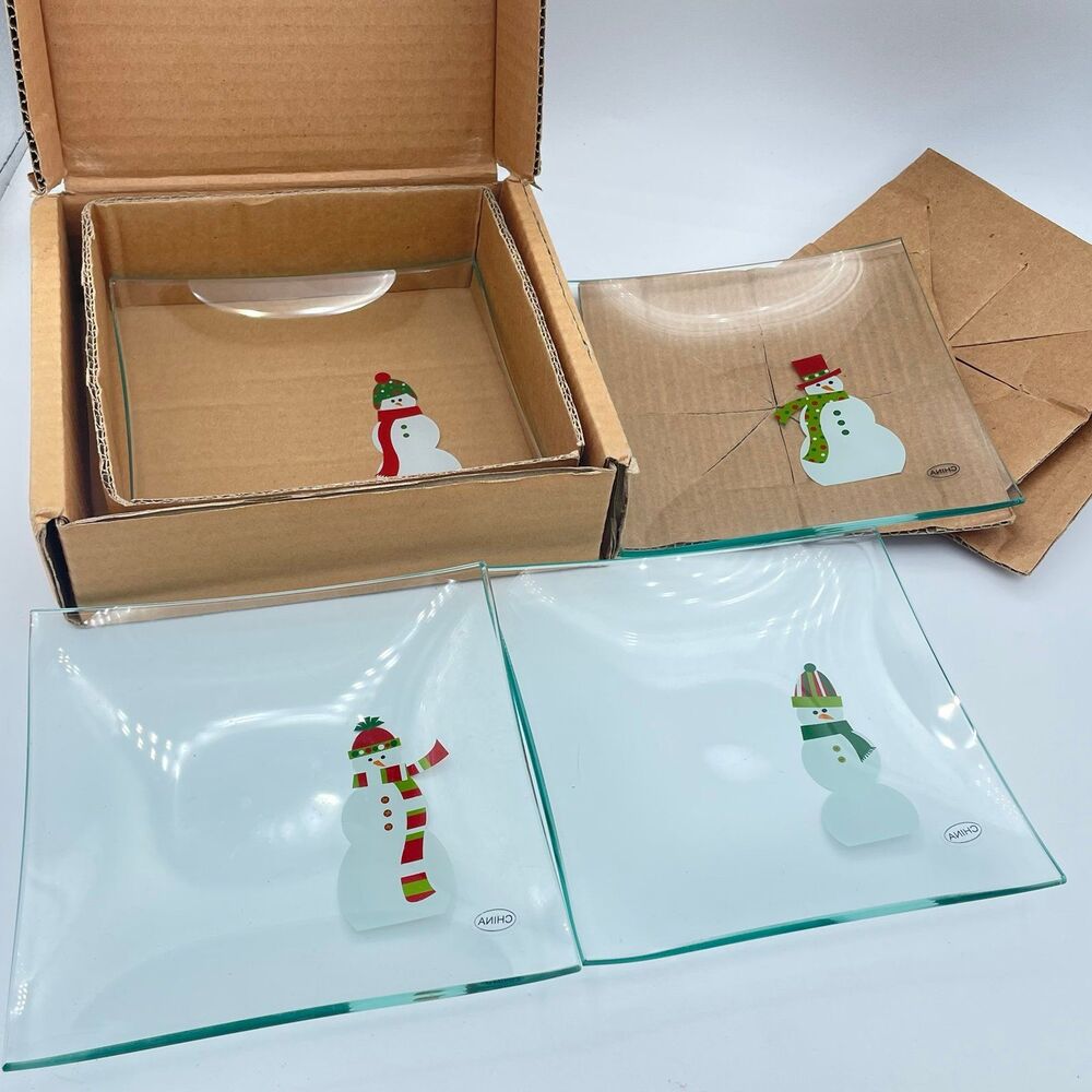 Pampered Chef Glass Snowmen Plates Set of 4 Square Holiday Dessert Appetizer 6"